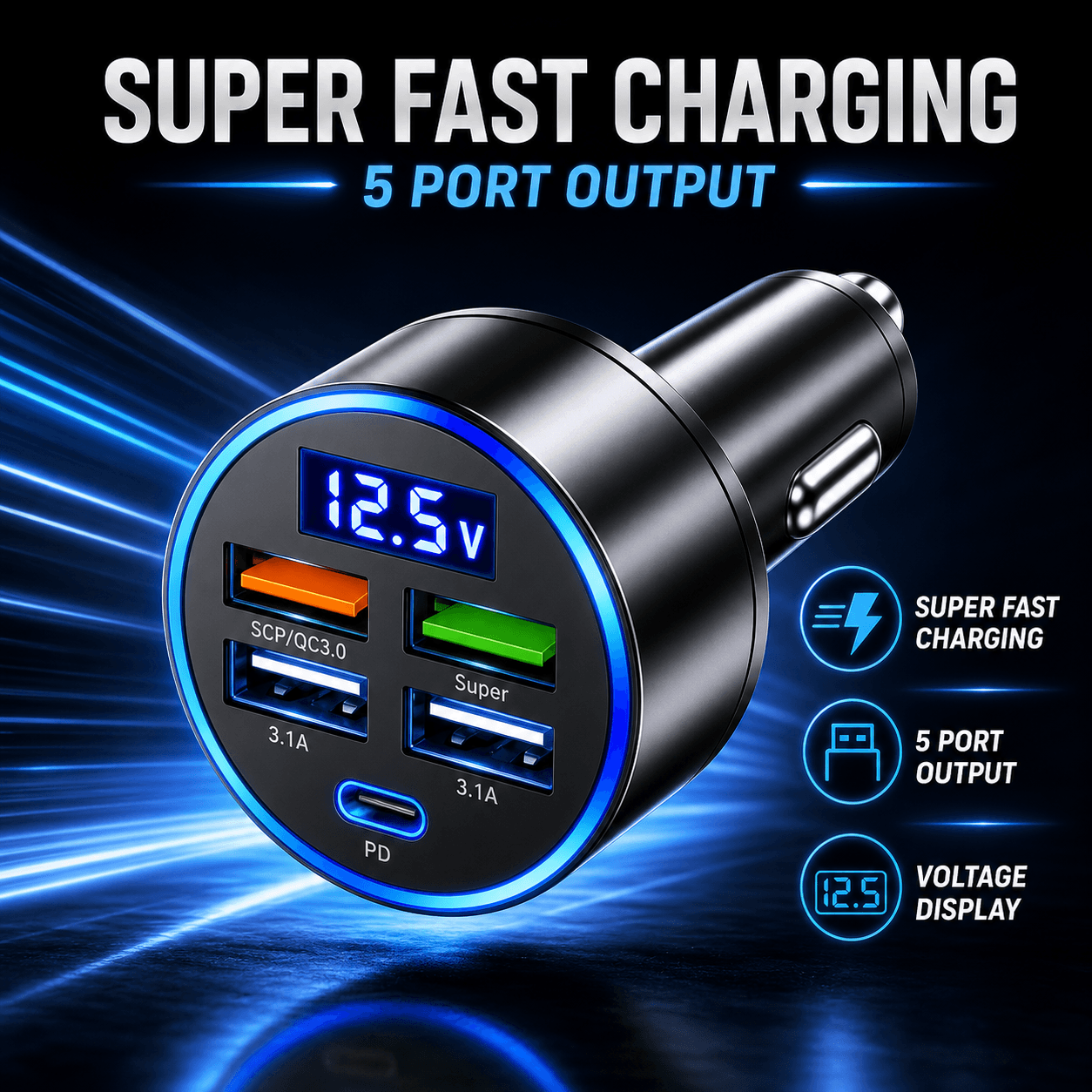 Carregador Veicular USB-C 4 Portas, PD QC3.0, Carregamento Rápido, Adaptador de Energia com Voltímetro Digital para