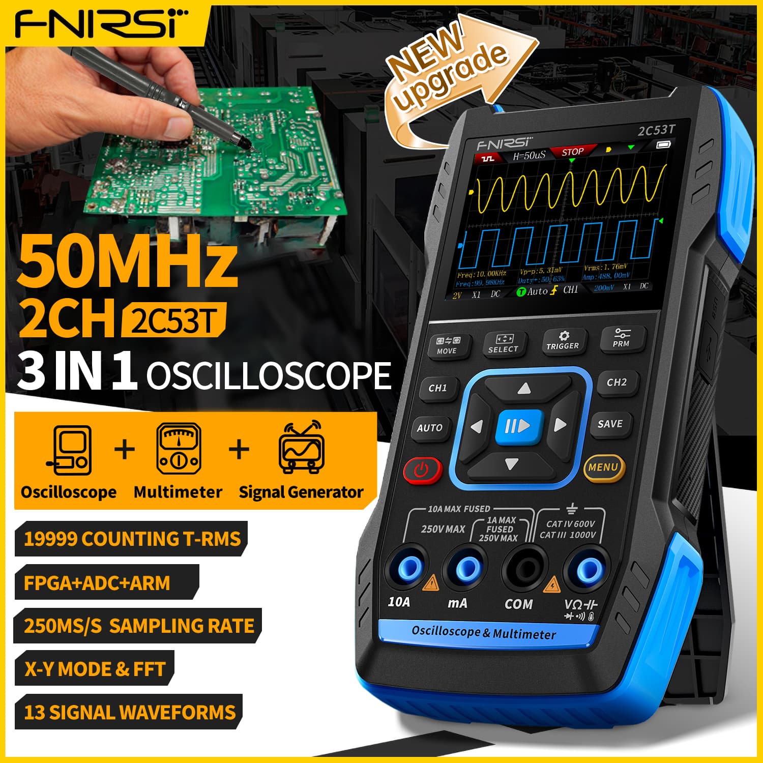 Osciloscópio Digital 2C53T FNIRSI Multímetro Digital Gerador de Sinal DDS 3 em 1 2 Canais 50MHz 250MS/s RMS真实值测试器