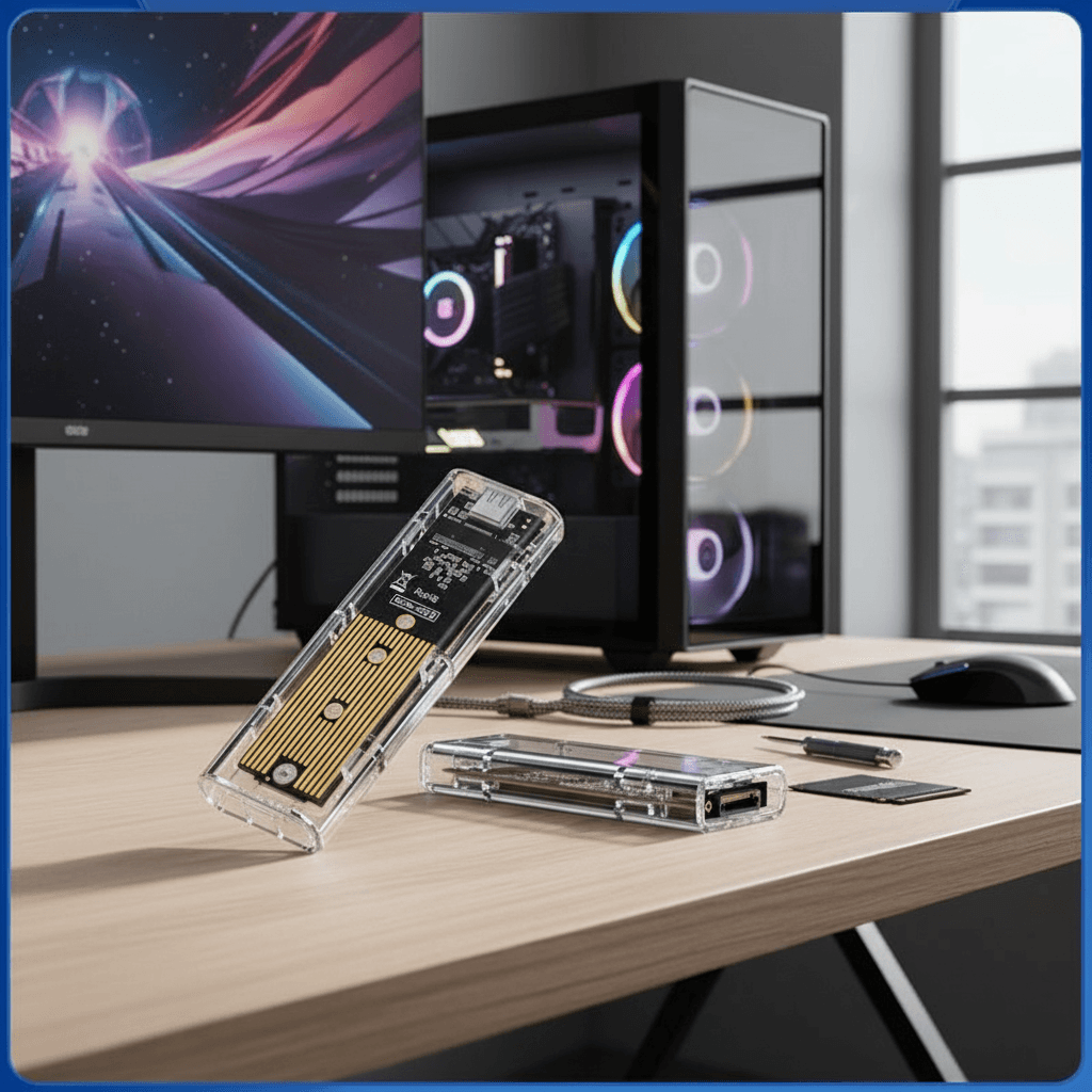 Gabinete externo de protocolo duplo para SSDs M.2 NVMe e NGFF, design transparente.