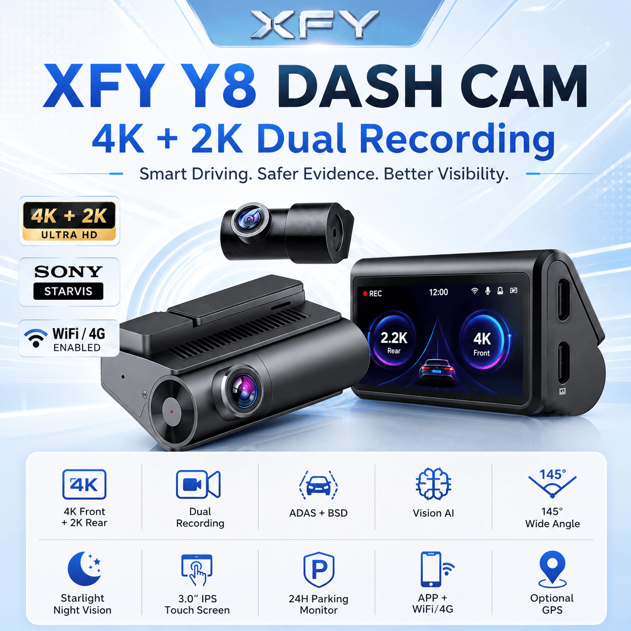 Câmera dupla frontal e traseira 4K+2K para carro, suporte a 4G+WiFi de dupla transmissão, atualização em tempo real de