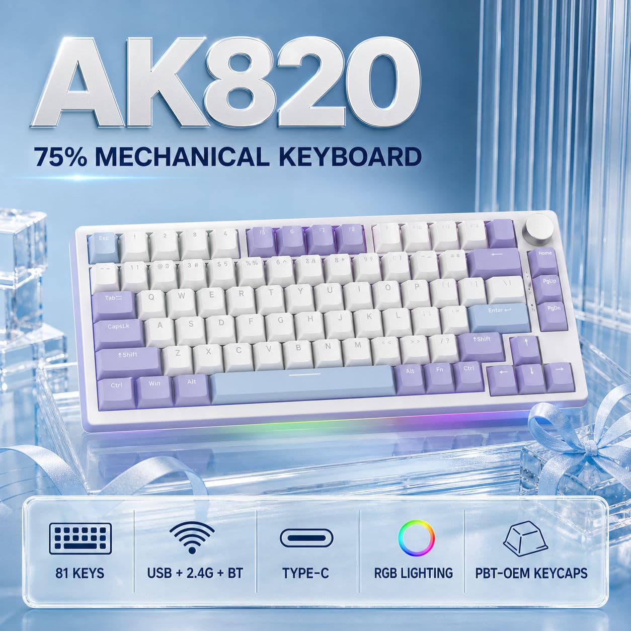Teclado para jogos AJAZZ AK820 Teclado mecânico de estrutura de junta, espuma de amortecimento de som de 5 camadas, PCB