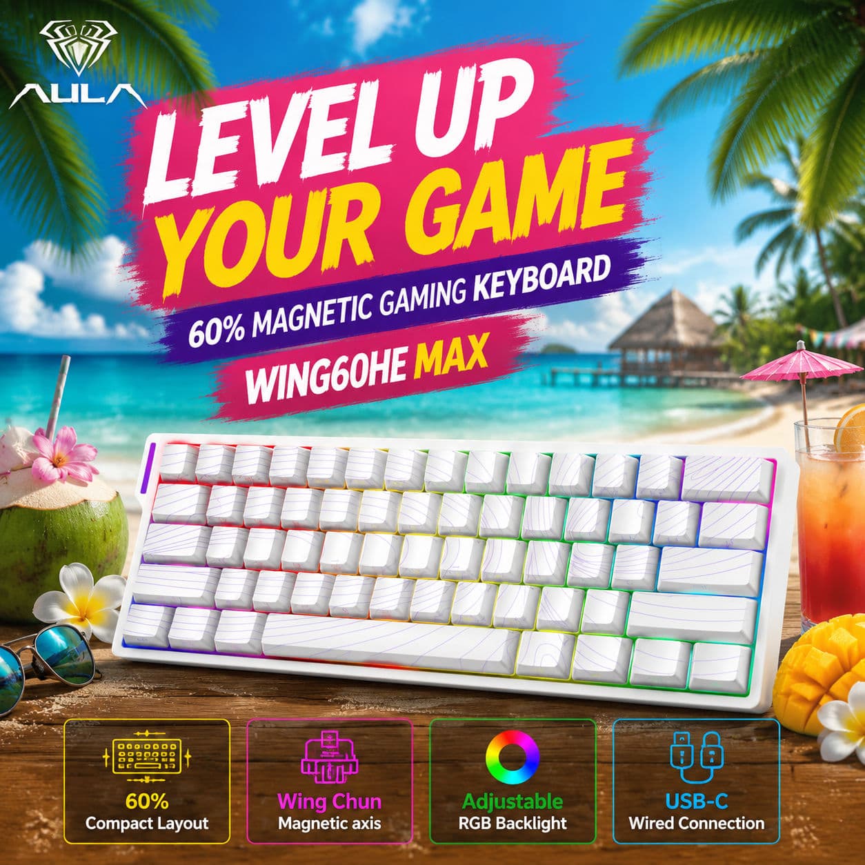 AULA WIN60HE MAX Teclado Wing Chun Efeito Hall Gatilho Rápido Teclado Magnético RGB Teclado Mecânico para Jogos 60% para