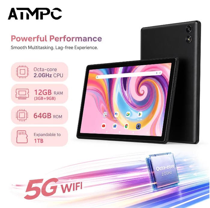Tablet Android ATMPC de 10,1 polegadas, 64GB de armazenamento (expansível até 1TB), processador octa-core de 2,0GHz,