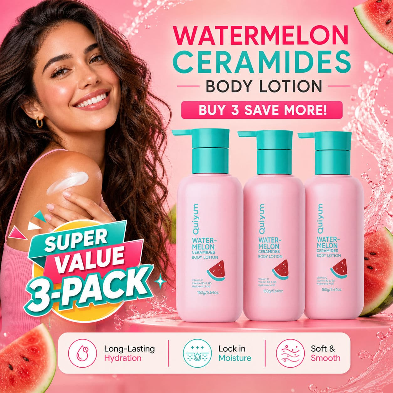 Loção Corporal Quiuym Melancia com Ceramidas 3 Peças Conjunto Econômico Hidratante, Creme Corporal Vitaminas C, Ilumina