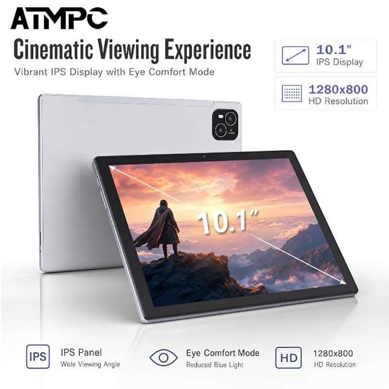 Tablet Android 10,1 pol., ATMPC, Android 14, 128 GB, tela IPS 1280×800 com proteção ocular, bateria 6000 mAh, Wi‐Fi 5G,