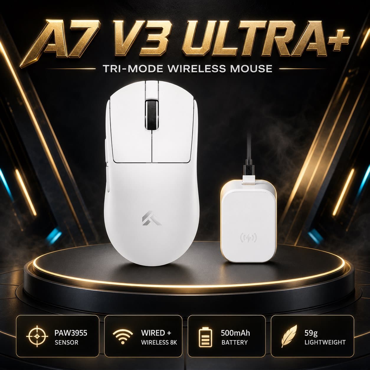 MCHOSE A7V3Ultra+ Mouse Gamer Leve Conexão Tri-Modo Taxa de Polling 8K com Fio & Sem Fio 50000 DPI Máx. Chip Nórdico