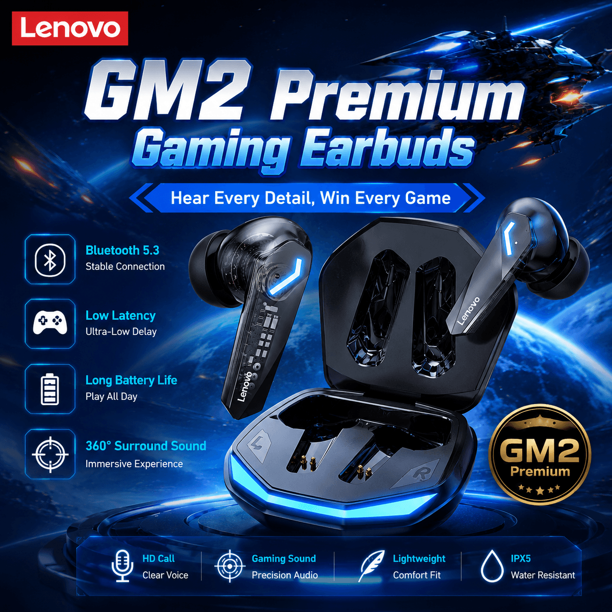 Fones de ouvido Lenovo GM2 PRO para jogos, fones de ouvido Bluetooth 5.3, leves, com baixa latência, fones de ouvido
