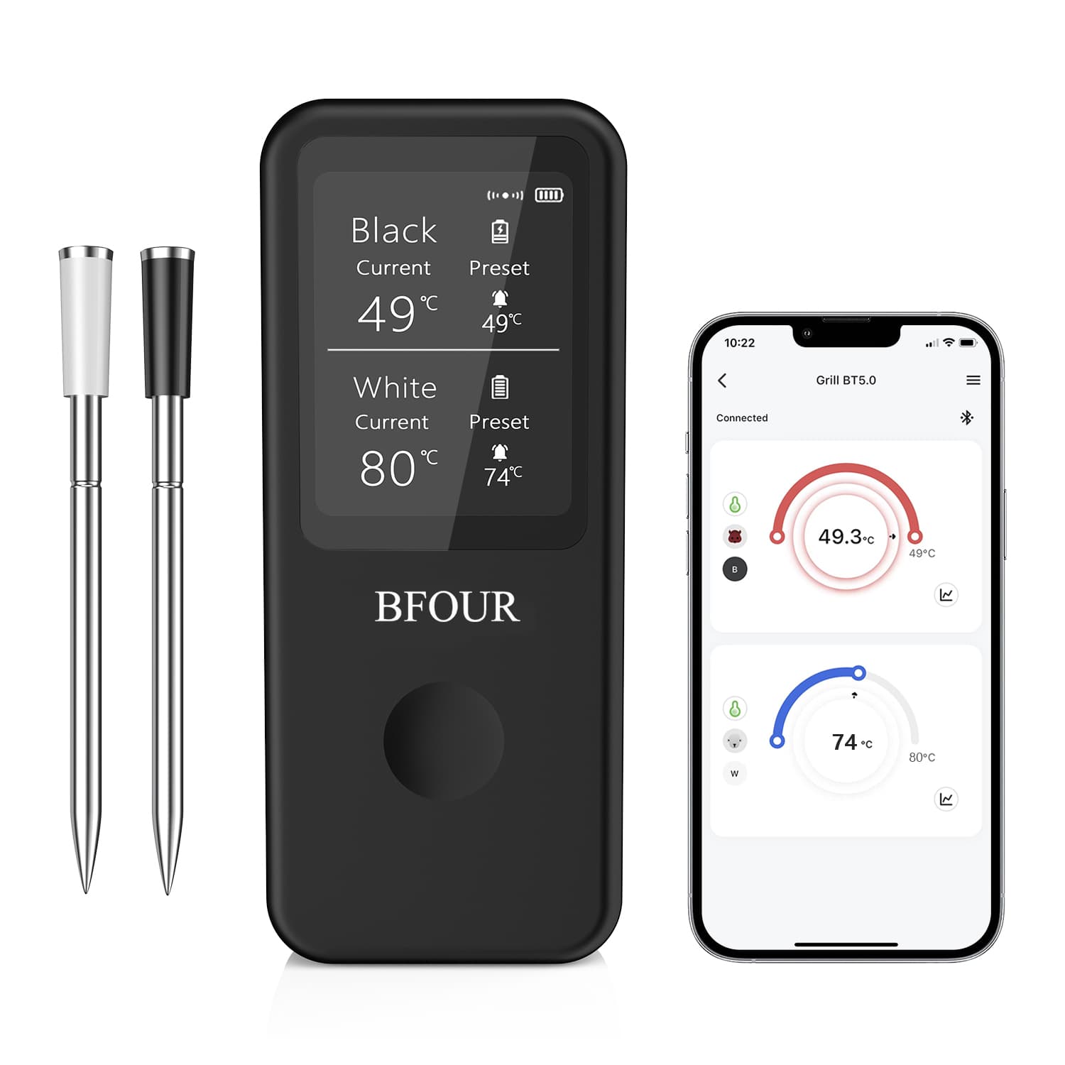 Termômetro de Carne Sem Fio BFour BF-60 com Sondas Duplas, Controle por Aplicativo Bluetooth, Termômetro Digital LCD
