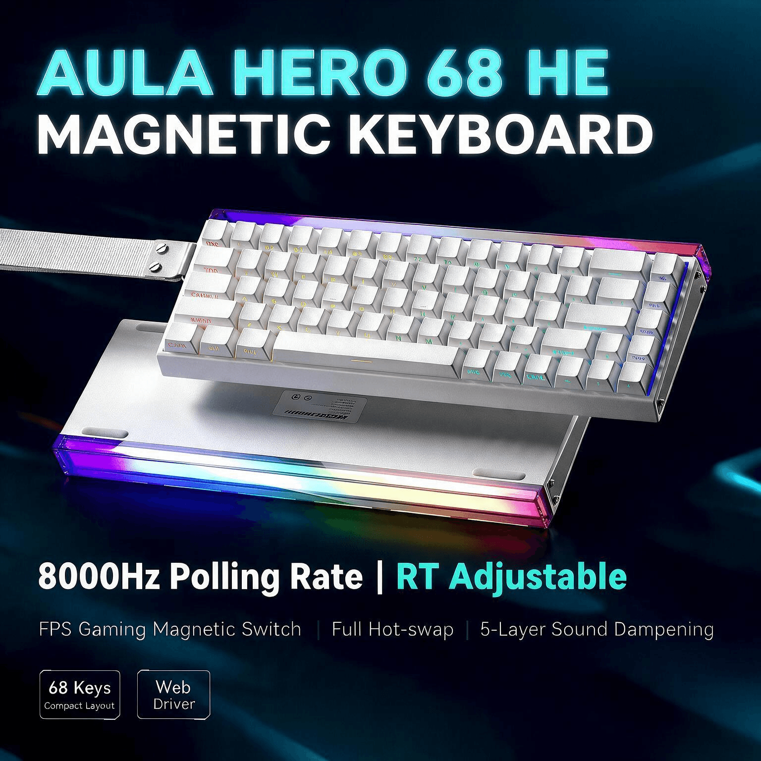 Teclado Mecânico Aula Hero68 com taxa de polling de 8000Hz, teclado gamer com switches magnéticos ajustáveis, troca a