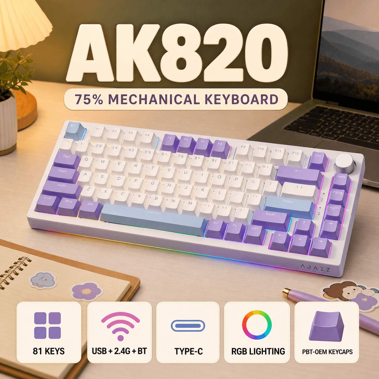 Teclado mecânico AJAZZ AK820, teclado gamer, 82 teclas, layout 75%, conexão USB-C com fio, teclas PBT completas