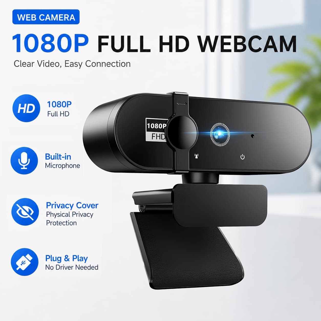 Câmera Web 1080p Full HD JCL para PC e Laptop com Microfones Duplos, Câmera para Computador com Plug & Play USB 90° de