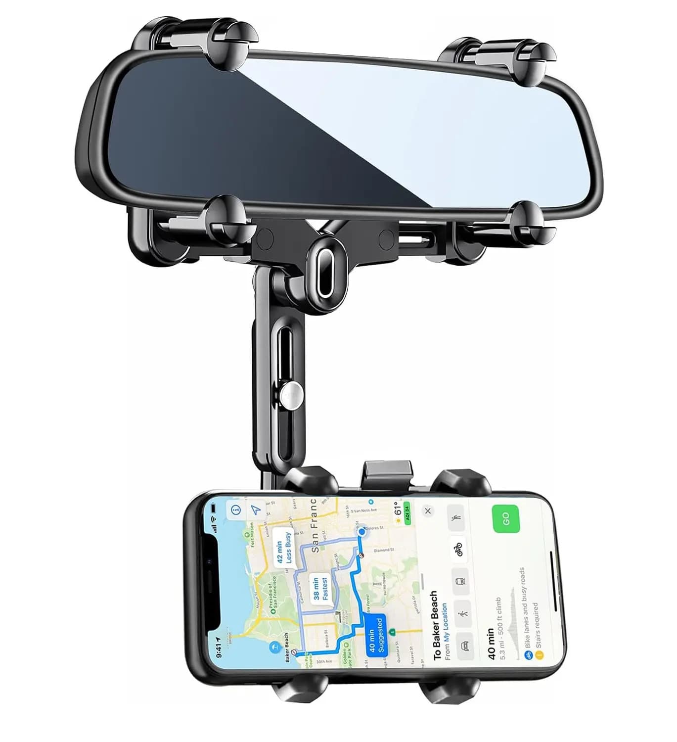 Suporte Universal para Celular Retrovisor de Carro, Suporte para Celular Giratório 360° e Retrátil para Navegação,