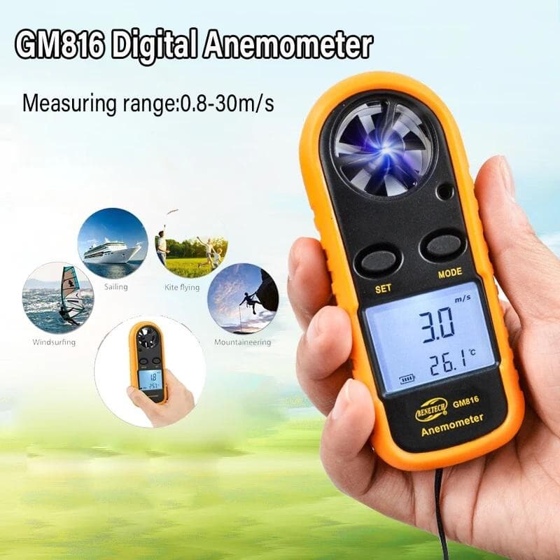 Mini GM816 Anemômetro Digital Velocidade Do Vento Medidor De Temperatura Fluxo De Ar Com Luz De Fundo LCD 1 Conjunto