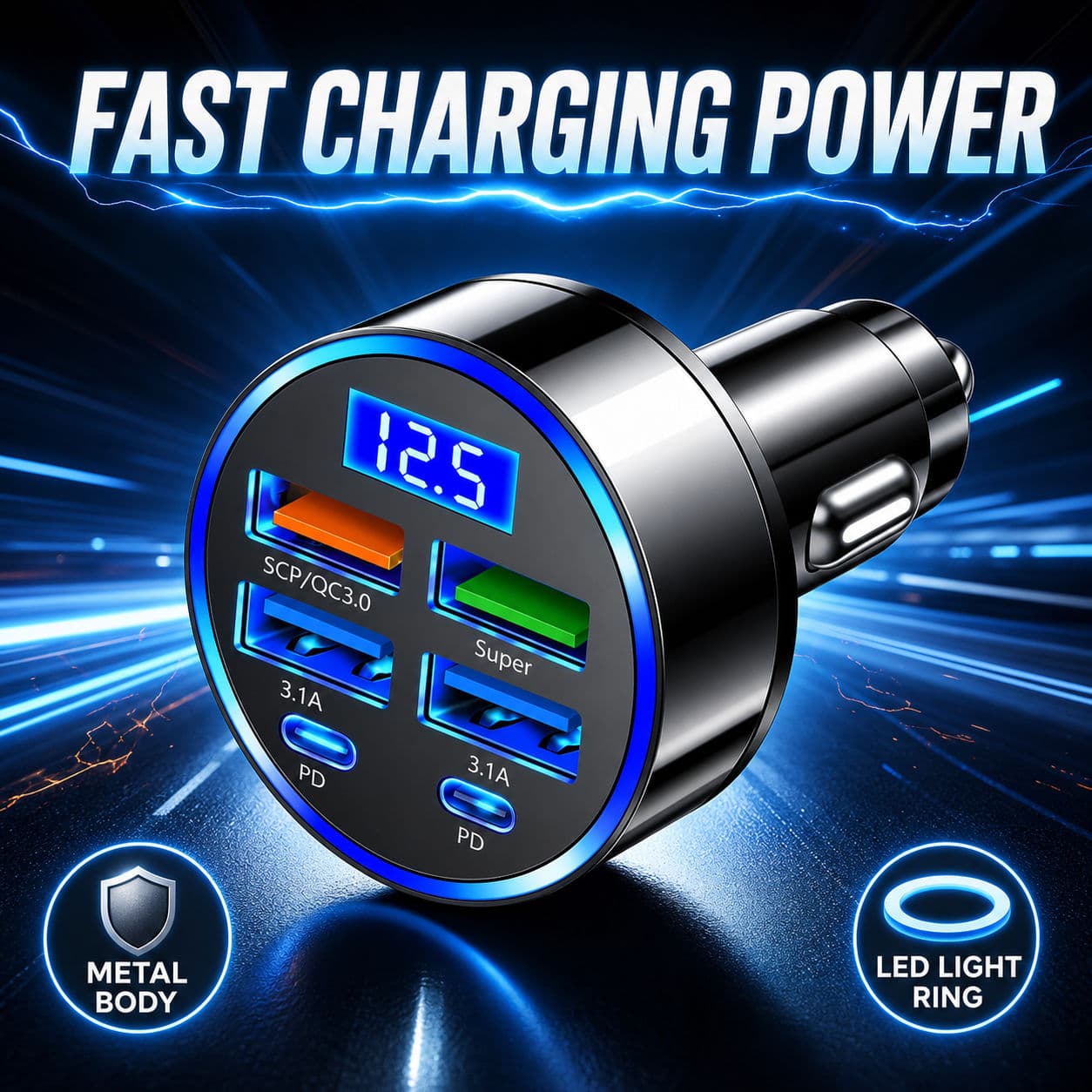 Novo Carregador Veicular 4USB QC3.0 PD Tipo-C com Display Digital Carregador Veicular 3.1A com Detecção de Tensão