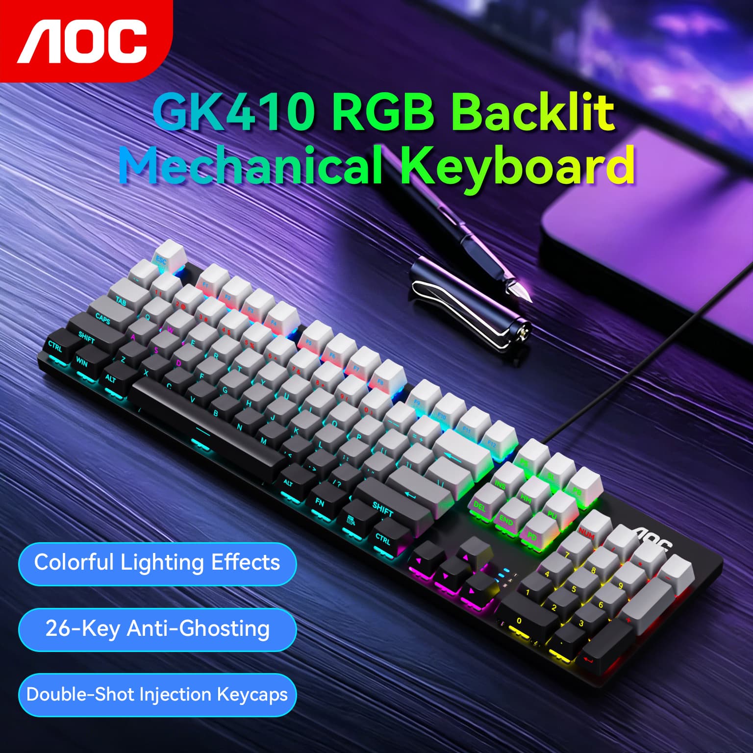 Teclado Mecânico AOC GK410, 104 teclas, RGB, ergonômico, com anti-ghosting, teclas double shot, painel de metal, para