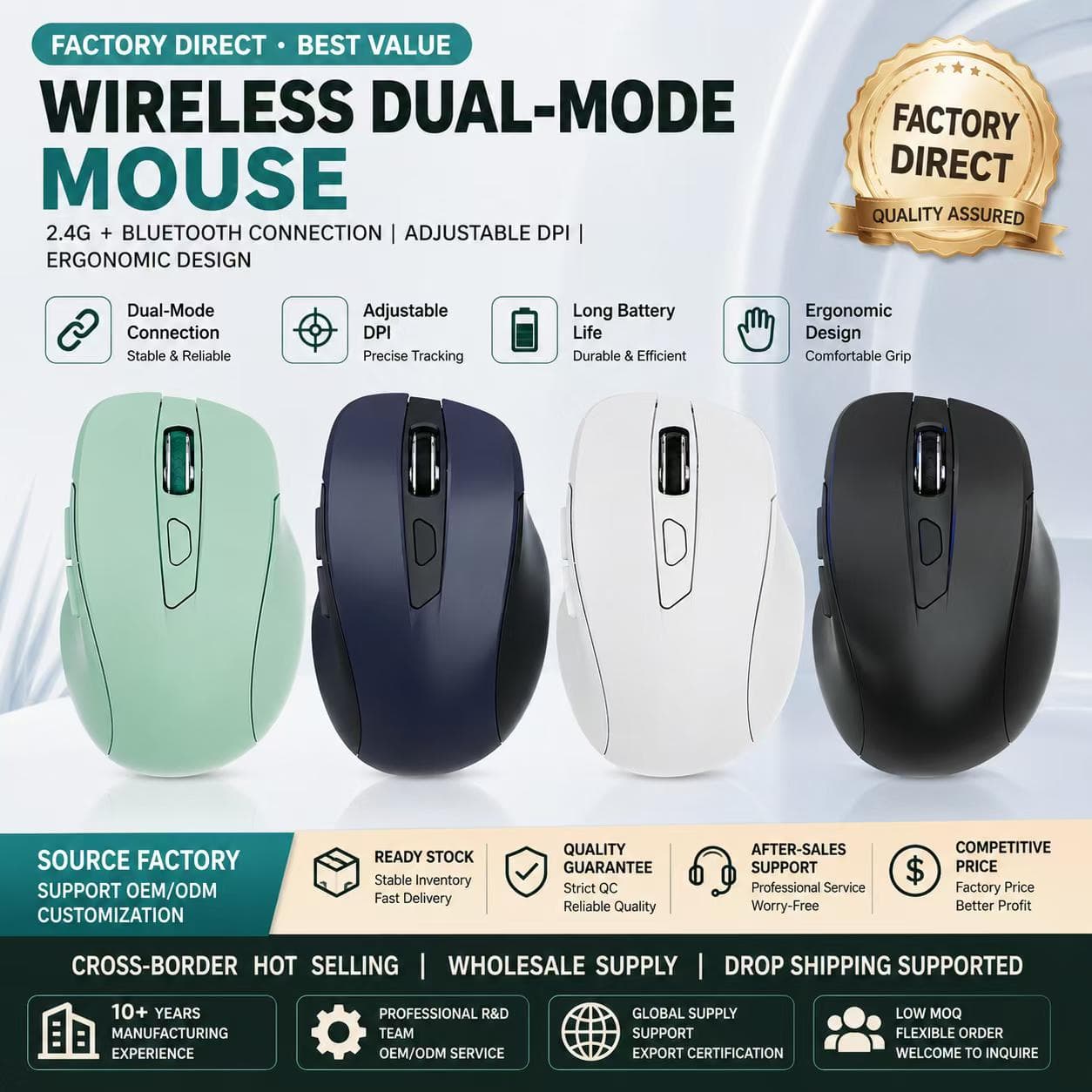Mouse silencioso sem fio recarregável, mouse ergonômico de computador de modo duplo Bluetooth 2.4G, ajuste de DPI