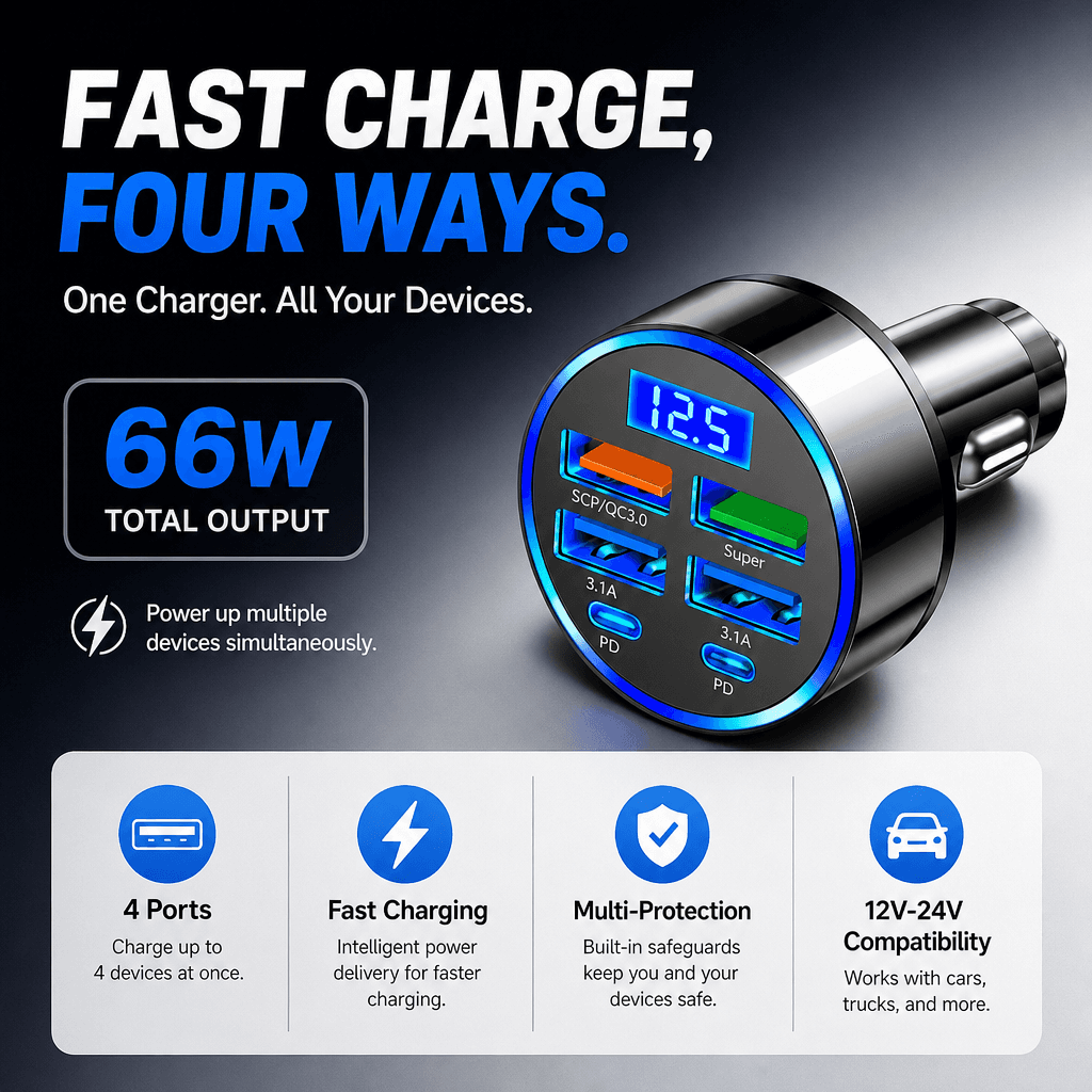Carregador Veicular 2026 6 em 1 Super Carregamento Rápido 4 USB 2 USB-C Múltiplas Portas com Monitor Digital de Tensão