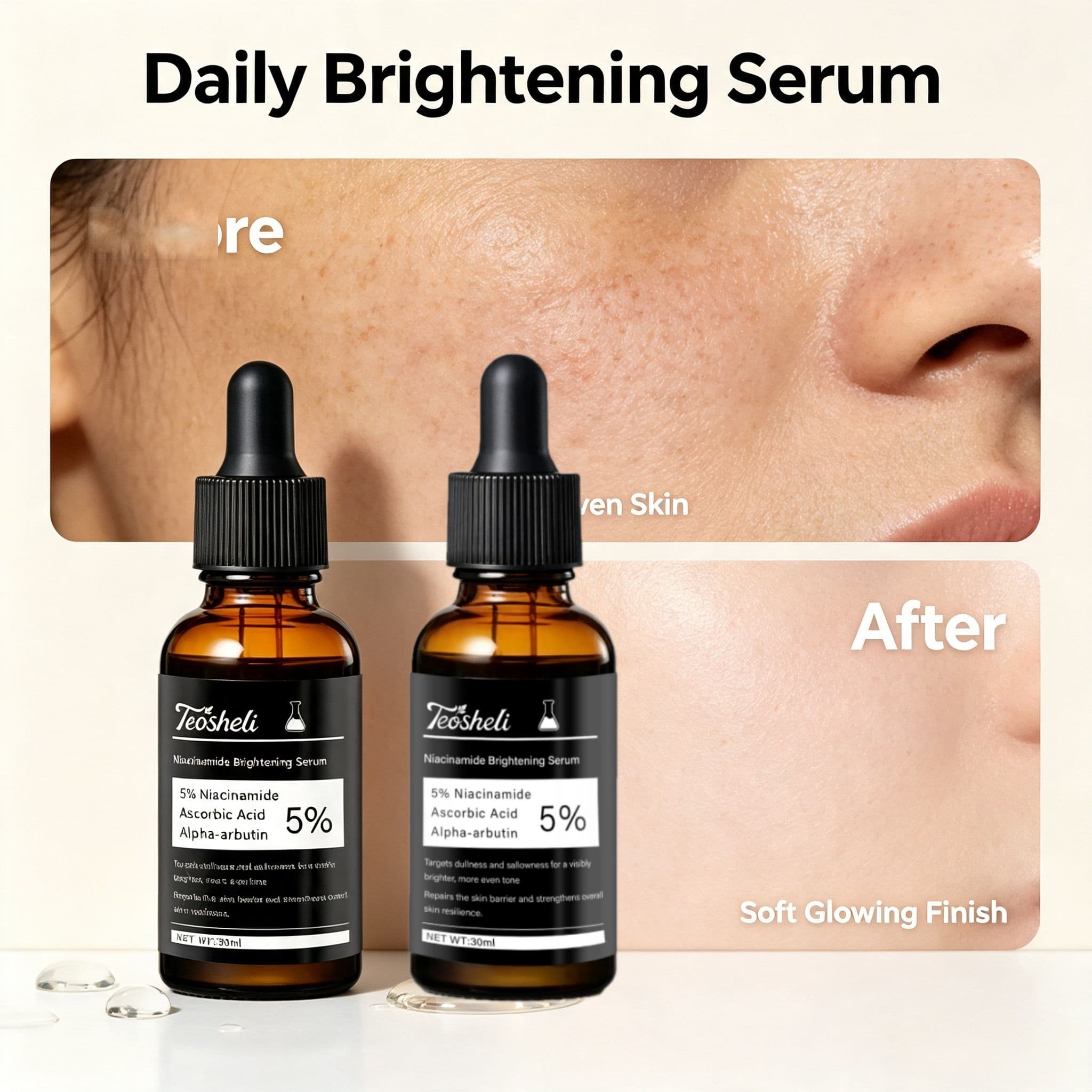  Teosheli Soro Clareador de Niacinamida, Vitamina C & Alfa-Arbutina, Cuidado Facial para Resiliência da Pele e Correção