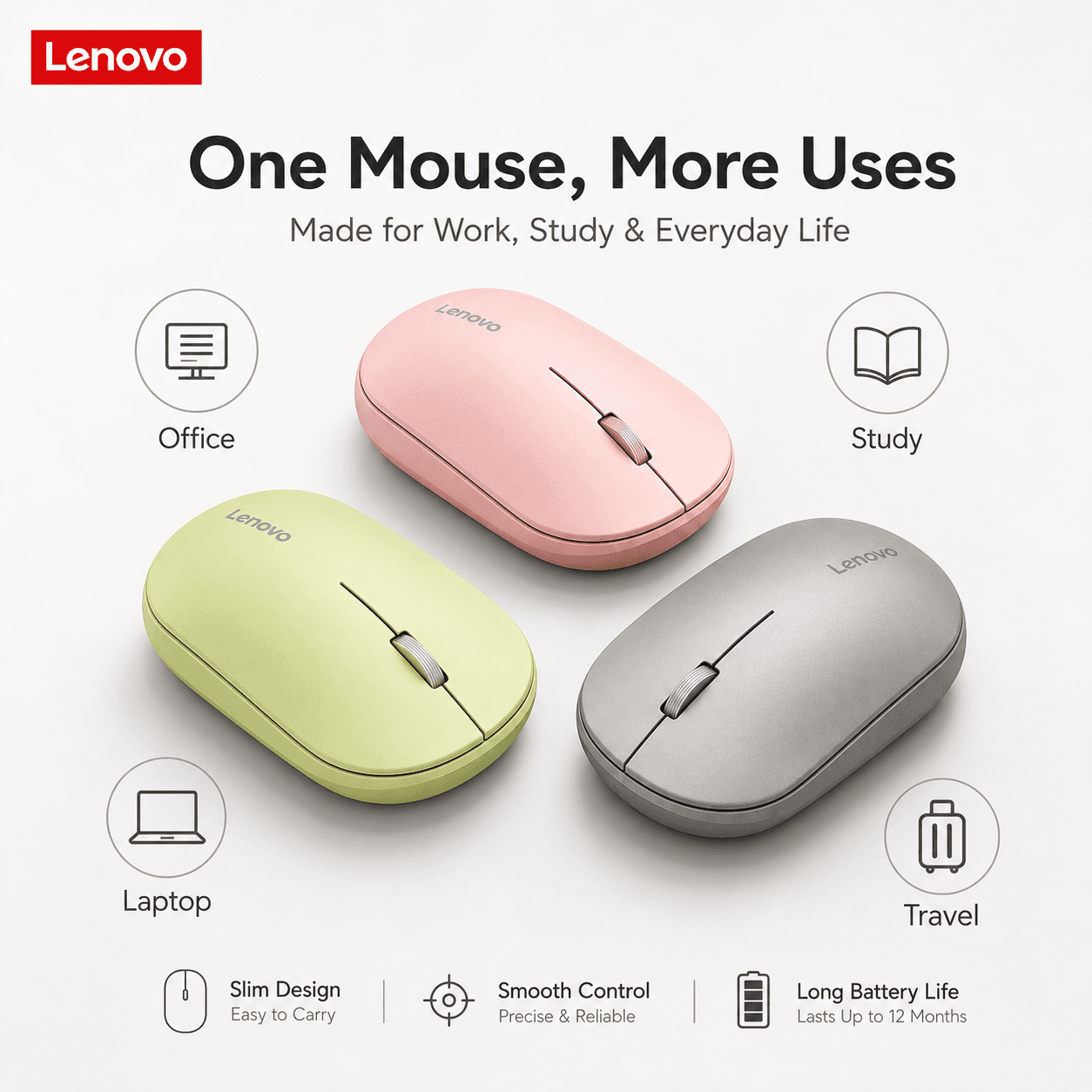 Mouse Sem Fio Lenovo 2,4 G Silencioso, Ajuste de 800/1200/1600 DPI, Mouse Portátil Compacto para Laptop/PC/Desktop,