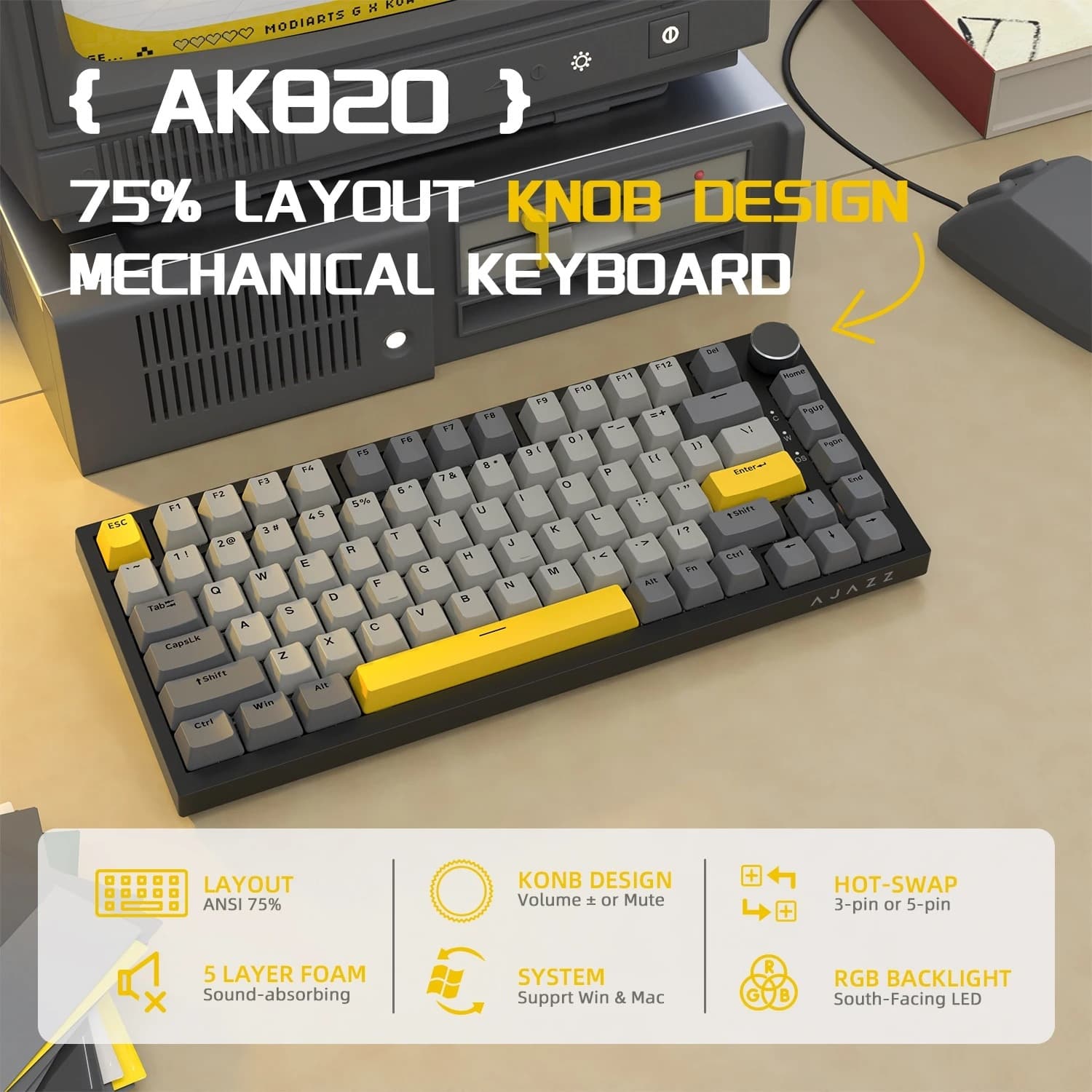 Teclado para jogos mecânico AJAZZ AK820 Pro Tri-Modo, Bluetooth 5.1 2.4G sem fio com fio, teclado personalizado