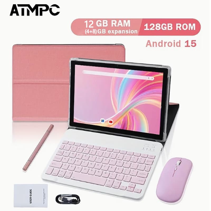 Tablet Android ATMPC de 10,1 polegadas, armazenamento de 128 GB, acompanha acessórios completos, perfeito para trabalho,