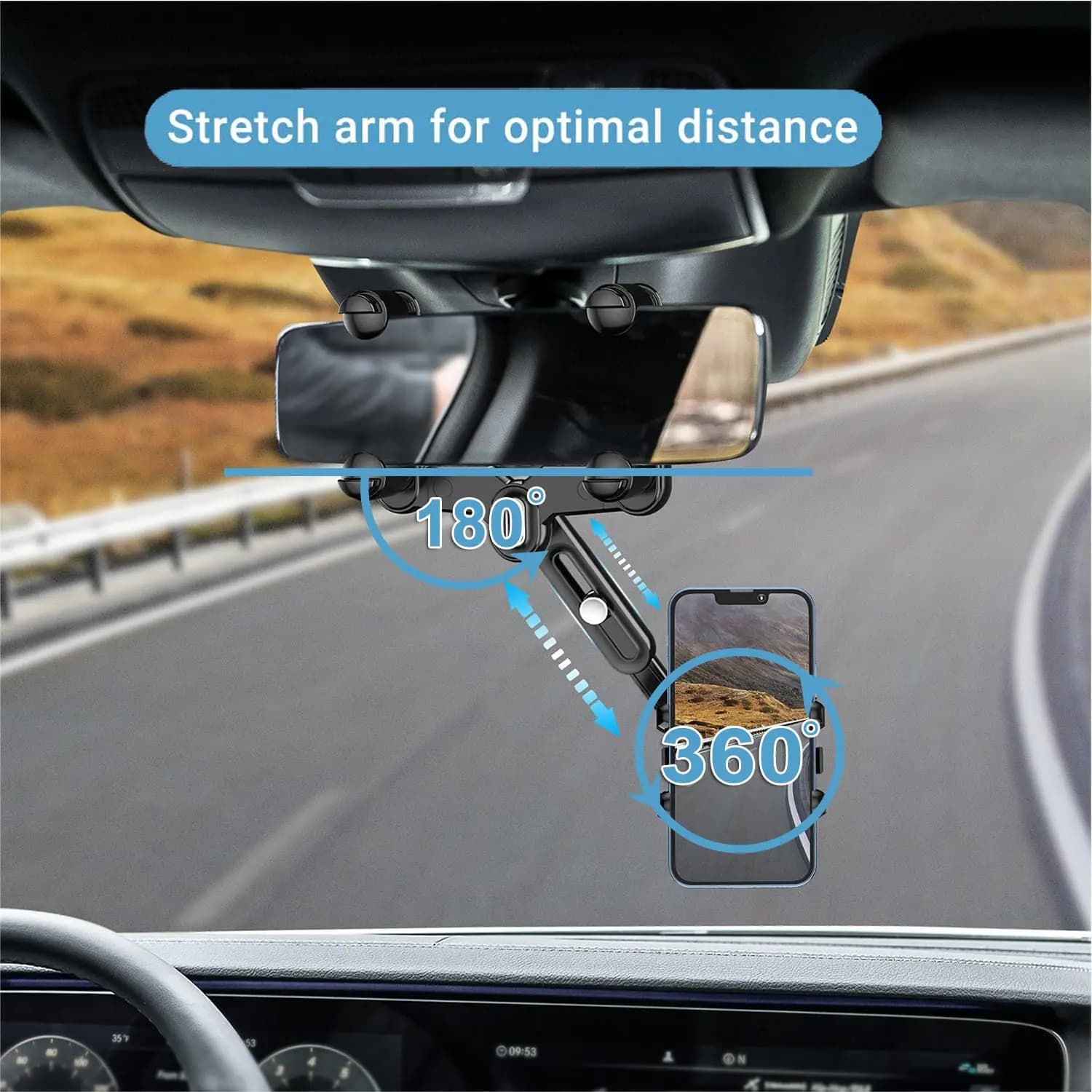 Suporte de Celular para Retrovisor de Carro com Rotação 360° e Retrátil, Universal para Smartphones de 4 a 7 Polegadas