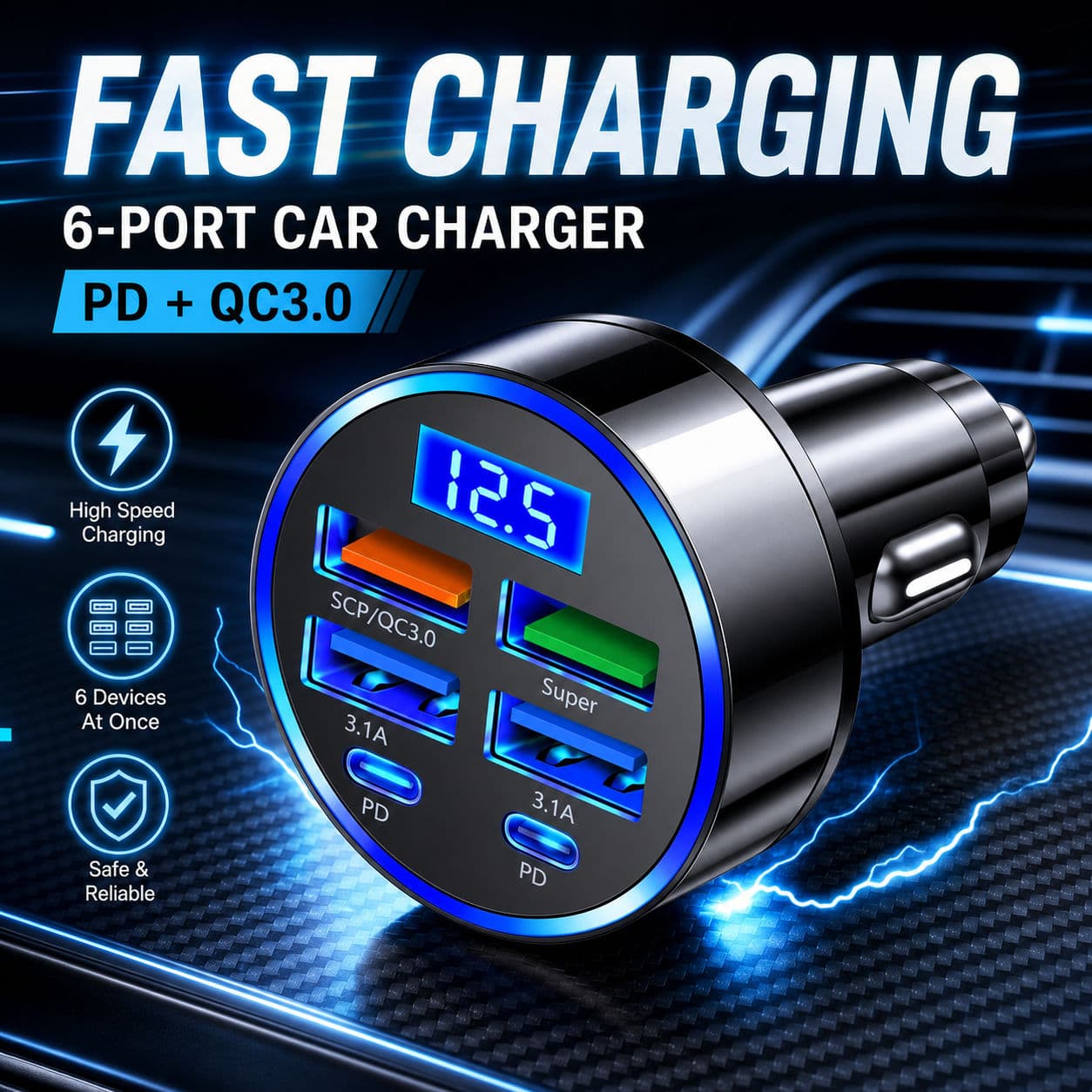 Carregador Veicular 6 em 1, QC 3.0 PD, Carregamento Rápido, Display Digital