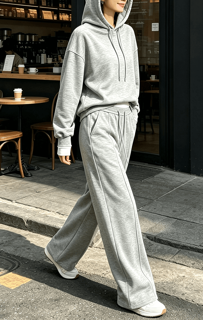Conjunto de moletom de cor sólida, calça de moletom de perna larga extra longa e slim, conjunto feminino casual versátil