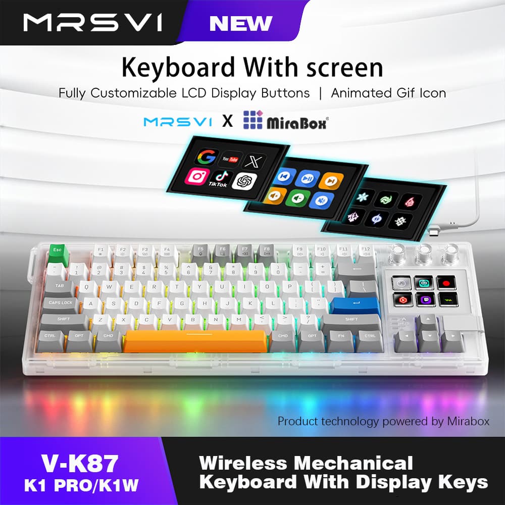 Teclado Mecânico MRSVI V-K87 K1 Pro, teclas LCD, teclado com fio RGB, junta, programação de macros multifuncional, para