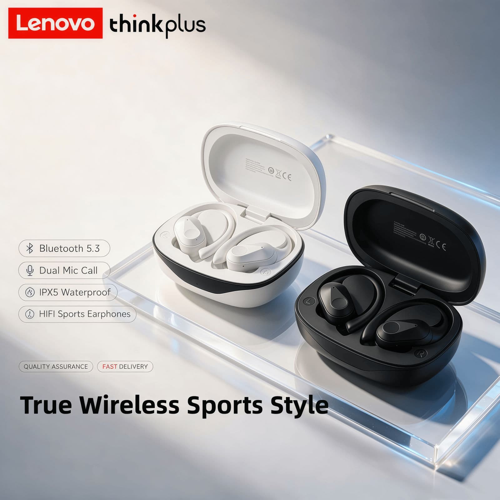 Fones de Ouvido Lenovo LP75: fones de ouvido Bluetooth esportivos à prova d'água para treino, fones de ouvido com