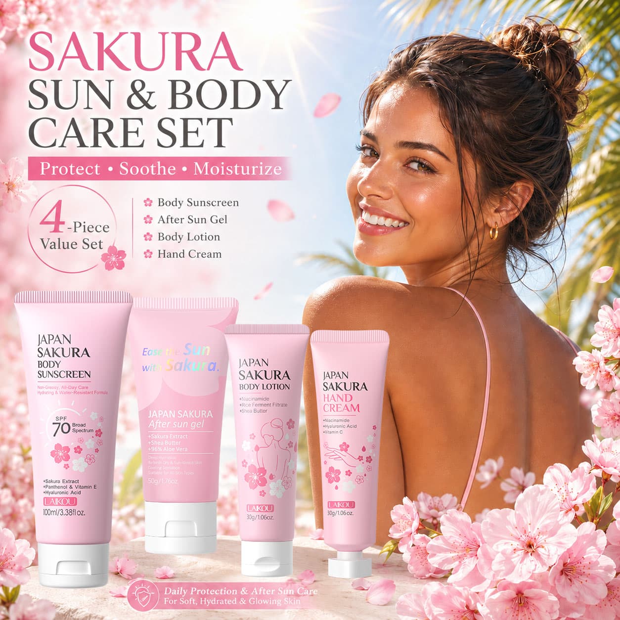 LAIKOU Japão Sakura Kit Corporal 4 peças Creme Solar Gel Calmante Pós-Sol Loção Corporal Creme de Mãos Hidratante