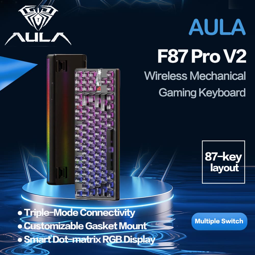 Teclado Mecânico AULA F87Pro V2, Tri-Modo, Bluetooth sem fio, RGB, Troca de Teclas Fácil, Teclado para Jogos para PC