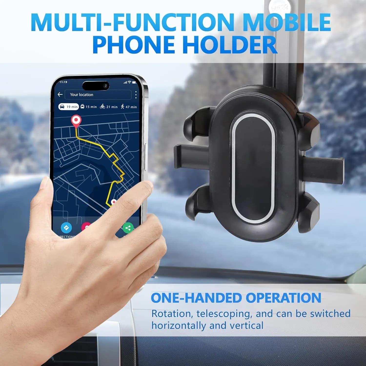Suporte de telefone ajustável 360° para espelho retrovisor de carro, suporte retrátil para smartphones de 4-7 polegadas