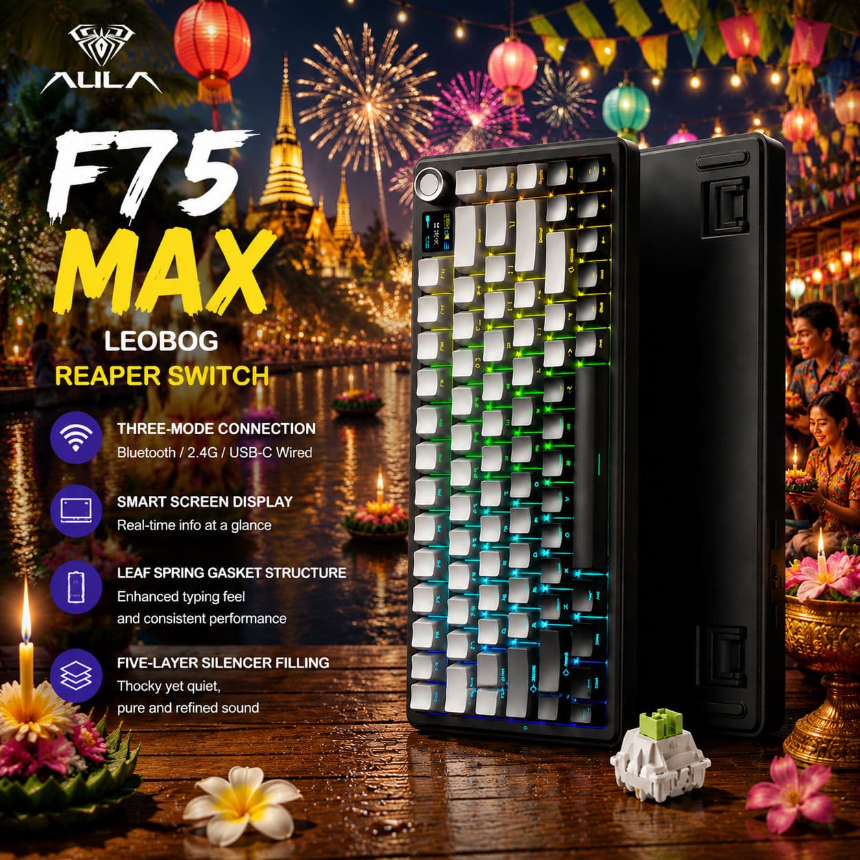Teclado Mecânico Sem Fio AULA F75 MAX, Layout 75%, Design Compacto, Switches Substituíveis a Quente, Teclado Gamer RGB