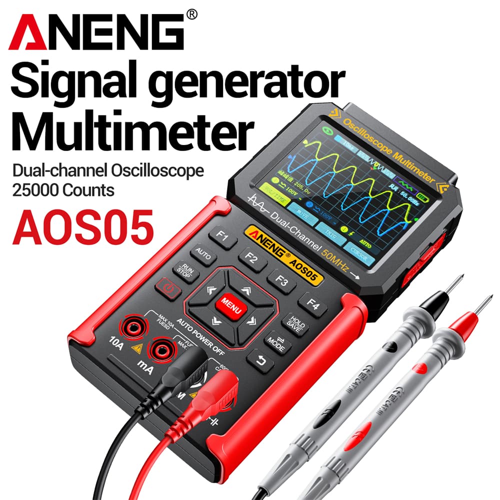 Um Conjunto ANENG AOS05 Osciloscópio Digital Portátil Multifuncional 3 Em 1 , Canal Duplo De 50 Mhz Com Multímetro E Ger