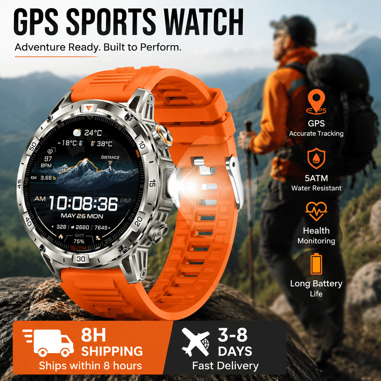 Relógio Inteligente GPS 2026 para Homens, Tela AMOLED, Relógio Militar, Bateria de 1100 mAh, Smartwatch com Chamada