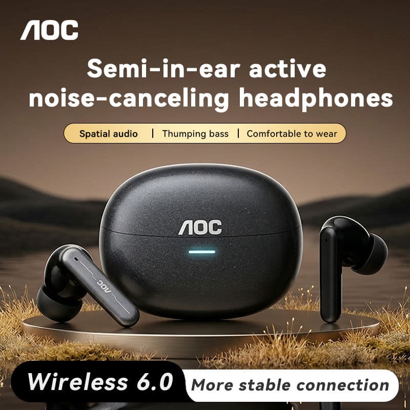 AOC ACT4615 Fones de Ouvido Bluetooth, Fones de Cancelamento de Ruído, Diafragma Personalizado, Fones de Uma Só Peça,