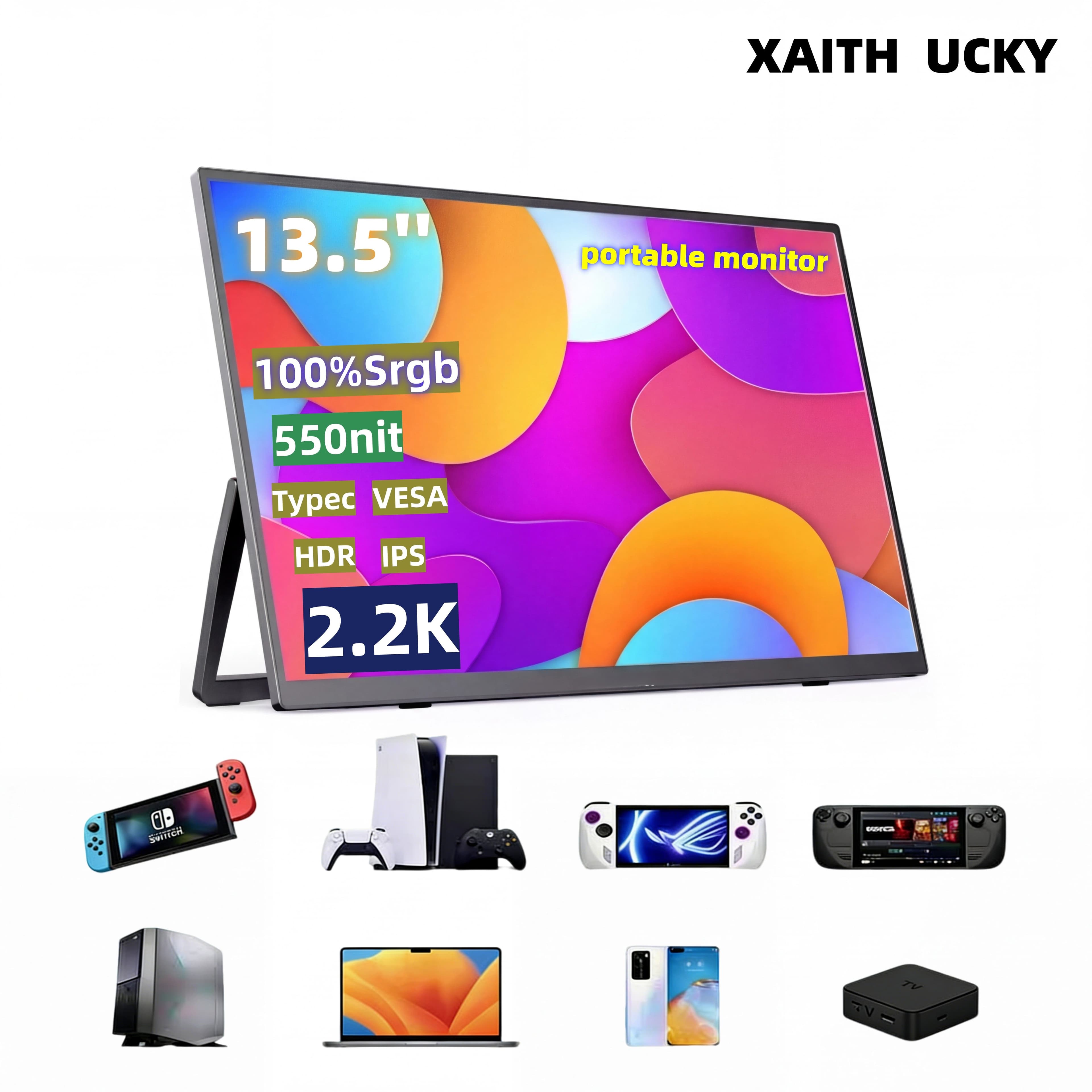 Monitor Portátil XAITH UCKY de 13,5 Polegadas, Resolução 2K, Alto Alcance 100%sRGB, Tela IPS HD, Monitor Gamer HDMI