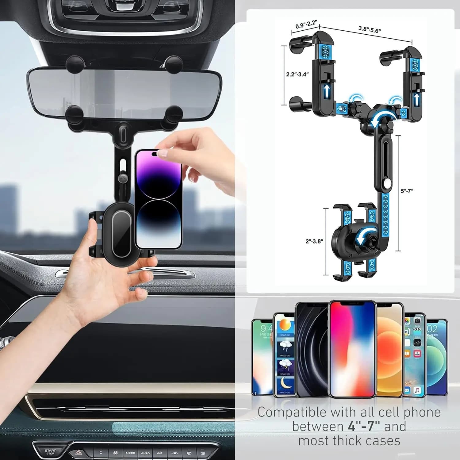 Suporte de telefone para espelho retrovisor de carro com rotação 360°, suporte retrátil compatível com smartphones de