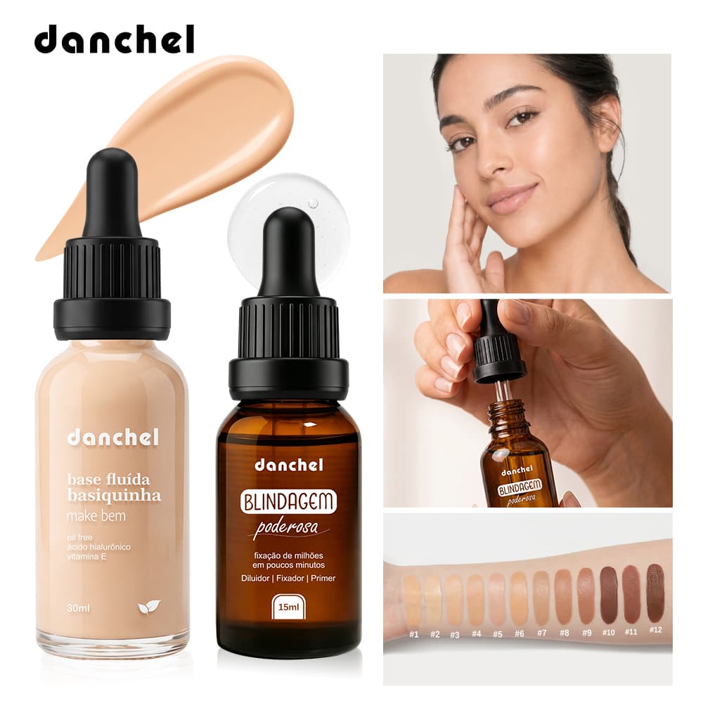Conjunto de Maquiagem Danchel: Base Líquida com Vitamina E + Primer Fixador Multifuncional, Cobertura Leve e Ajustável,