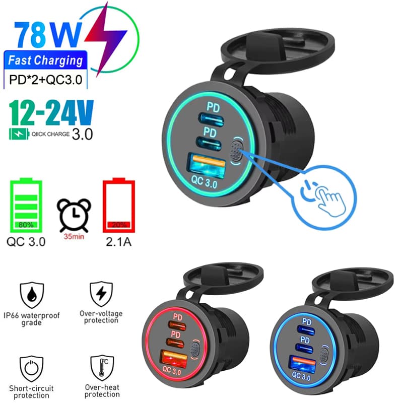 Carregador Veicular USB PD QC3.0 Duplo à Prova d'Água, Alta Resistência, 12V-24V, Adaptador para Caminhão e Navio