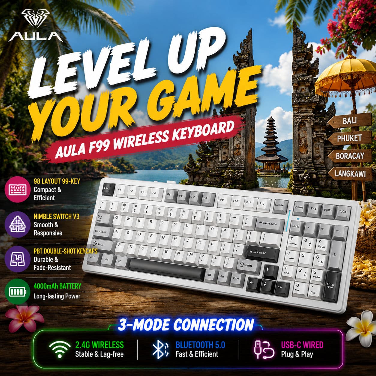 Teclado Mecânico RGB Aula F99 Pro Whale Sea Switch, Troca a Quente, Teclado Gamer, Layout Compacto de 98 Teclas, PC
