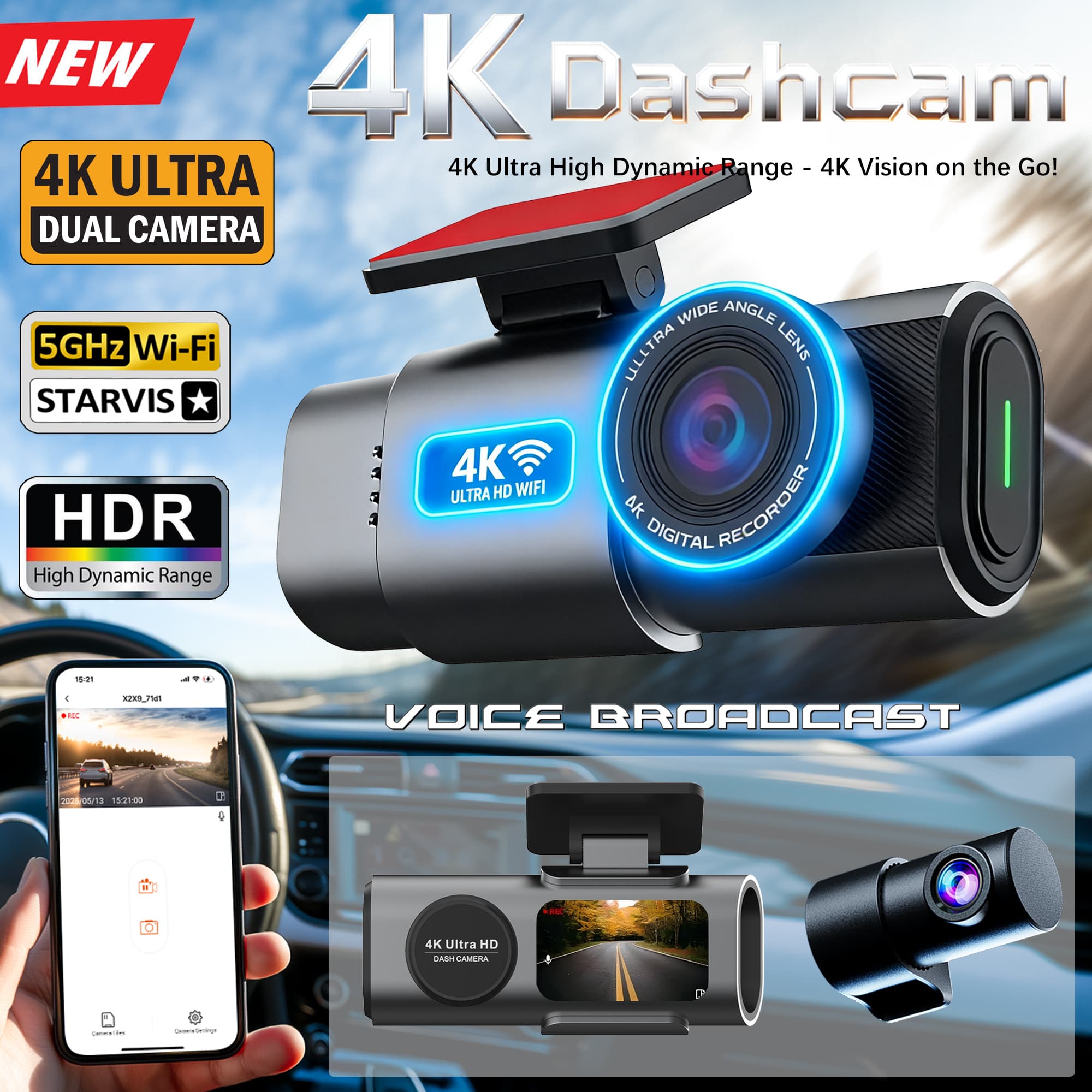 Câmera Veicular 4K UHD Gravação Dianteira Traseira Câmera de Carro HDR Visão Noturna WiFi Integrado Modo de