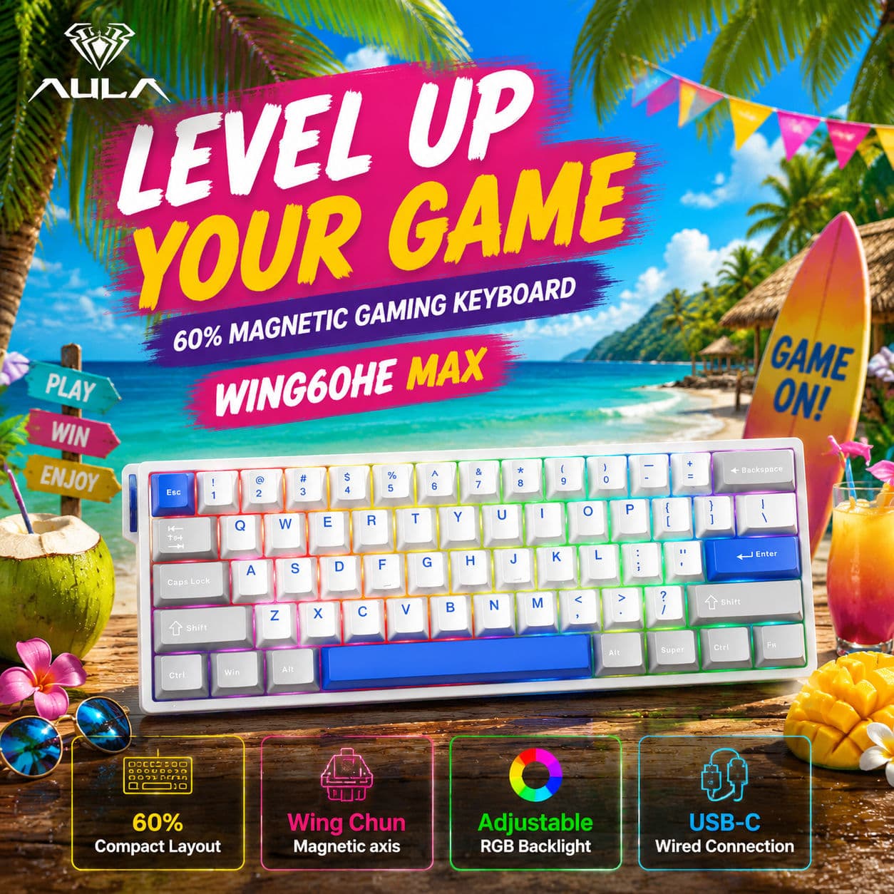 AULA WIN60HE MAX Wing Chun Teclado Hall Effect Teclado Magnético Teclado Mecânico Teclado para Jogos Rapid Trigger RGB
