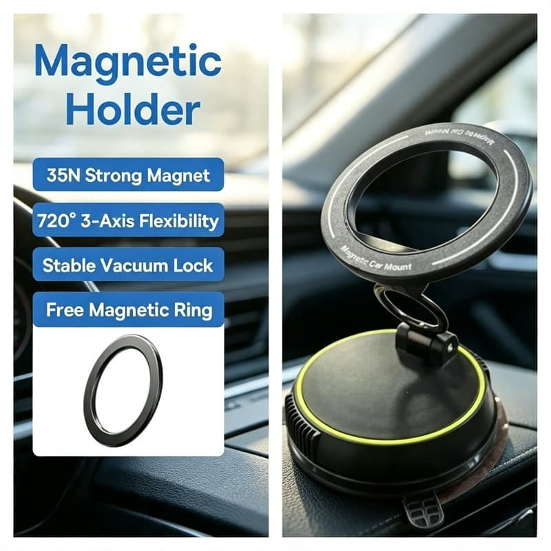 Suporte Magnético de Carro com Rotação de 360° Adsorção a Vácuo, Suporte Forte para Celulares