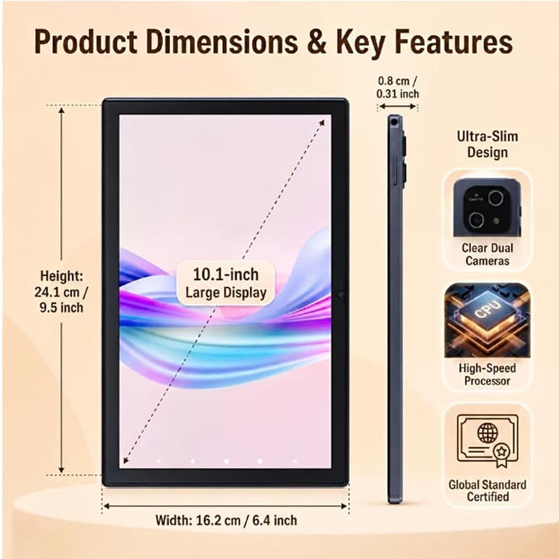 Tablet Android ATMPC 10,1, 64GB de armazenamento expansível até 1TB, processador octa-core 2,0GHz, ideal para estudar,