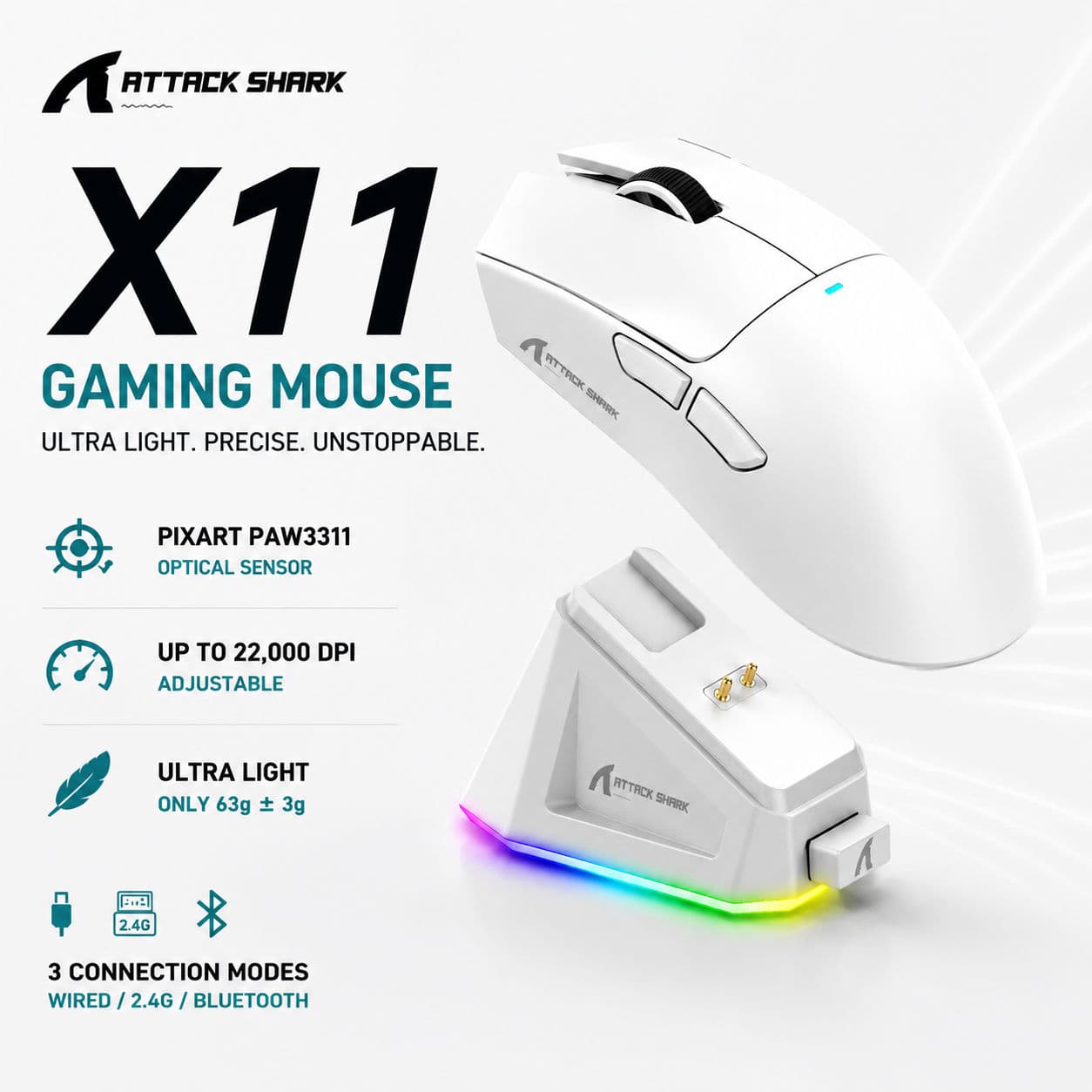 Mouse Gamer Sem Fio Tri-Modo Attack Shark X11 PAW3311 22000DPI RGB Recarregável