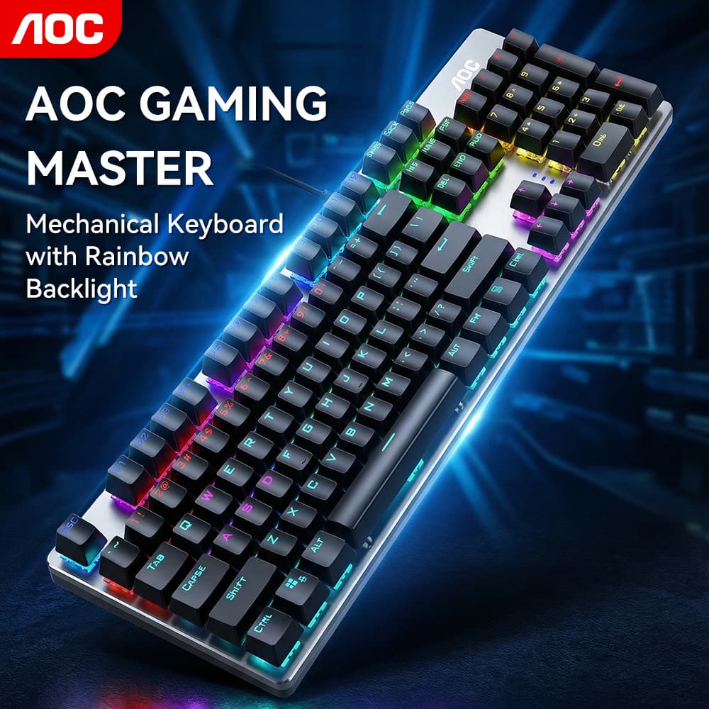Teclado Mecânico para Jogos AOC GK410, Teclado Completo com 104 Teclas, Painel Metálico, N-Key Rollover, Retroiluminação