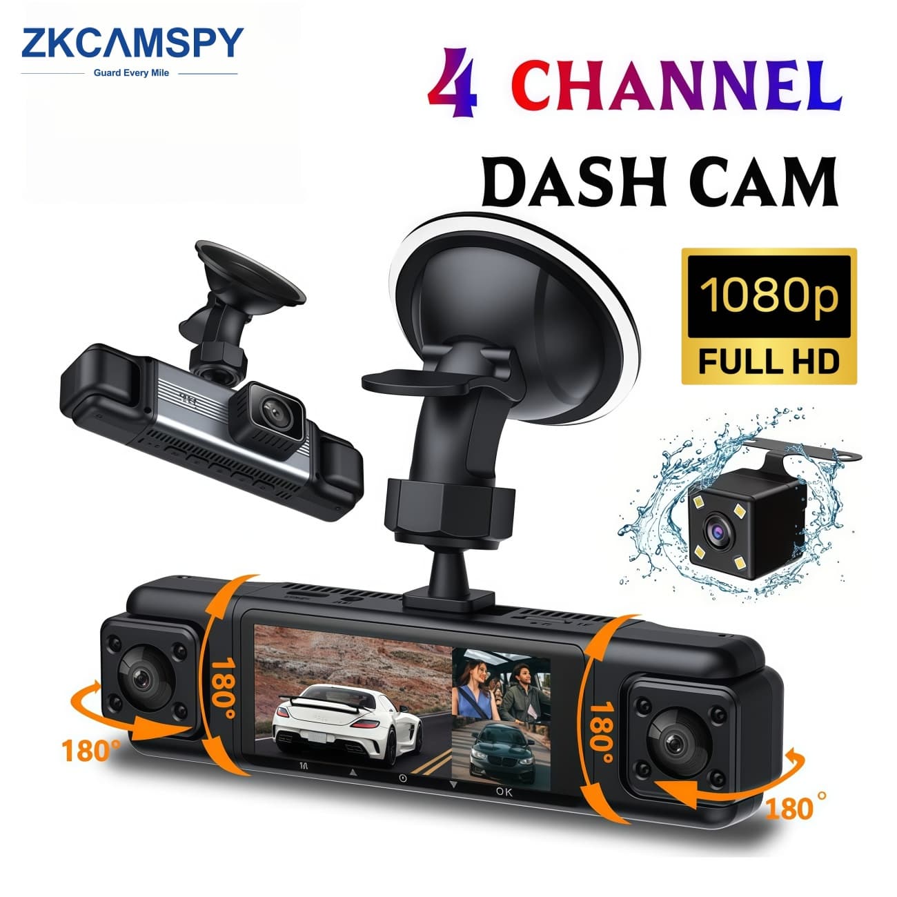 Câmera Veicular DVR 1080P 3/4 Canais Frente Interna Giratória e Traseira com Visão Noturna Acessório para Carro