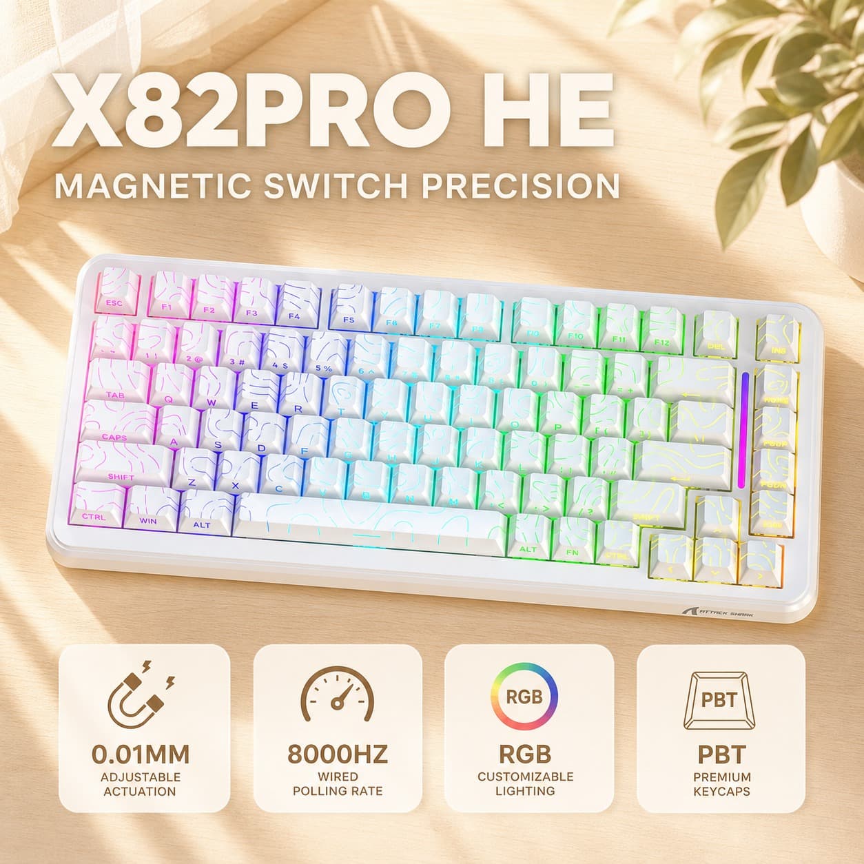 Teclado mecânico gamer ATTACK SHARK X82PRO HE com teclado numérico, tri-modo (com fio 8000Hz, 2.4G e Bluetooth),